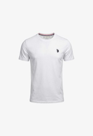 T-shirt bianca a maniche corte con scollo a girocollo, piccolo logo nero del giocatore di polo sul petto a sinistra e dettaglio a righe all'interno del colletto.