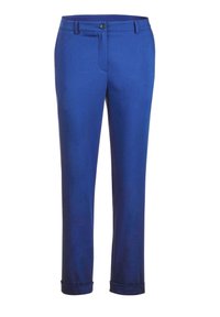 Blauwe op maat gemaakte broek met een gladde textuur, voorzien van een knoopsluiting, riemlussen en opgerolde manchetten. Ontworpen voor een slim fit.