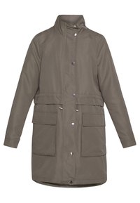 Olivgrön, knälång kappa med hög krage, två framfickor, tryckknappar och justerbart midjeband för en figurnära passform. Mjuk textur.