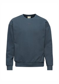 Niebieski bawełniany sweatshirt z okrągłym dekoltem, ściągaczami przy rękawach i u dołu, z subtelnym logo „HALO” w jaśniejszym odcieniu na przodzie.