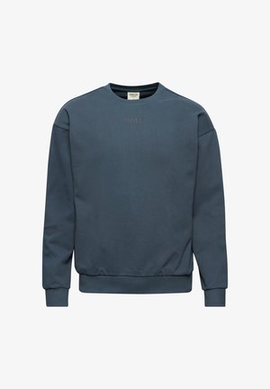 Blaues Baumwoll-Sweatshirt mit Rundhalsausschnitt, gerippten Bündchen und Saum, das auf der Vorderseite ein dezentes "HALO"-Logo in einem helleren Farbton zeigt.