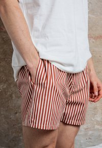 Shorts rayés rouges et blancs en tissu léger, dotés de poches latérales et d'une coupe décontractée. Les shorts arrivent au-dessus du genou.