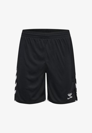 Schwarze Sportshorts mit elastischem Bund, weißen Chevron-Streifen an den Seiten und einem weißen Hummel-Logo am linken Bein.
