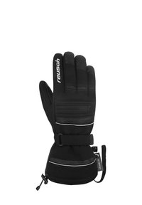 Sort vinterhandske med en softshell-yderside, fleksibelt stof, lodrette linjer for greb, justerbar håndledsrem og reflekterende detaljer.