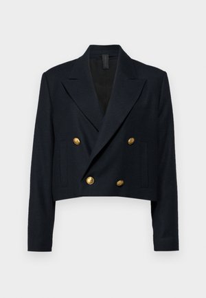 Afkortet marineblå dobbeltradet blazer i stof med en glat tekstur, med guldknapper og klippede revers. To side lommer inkluderet.