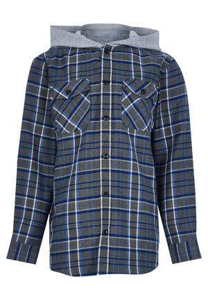 Langärmliges Hemd mit blau-grauem Karomuster, Knopfleiste vorne, zwei knöpfbaren Brusttaschen und angenähter grauer Kapuze.