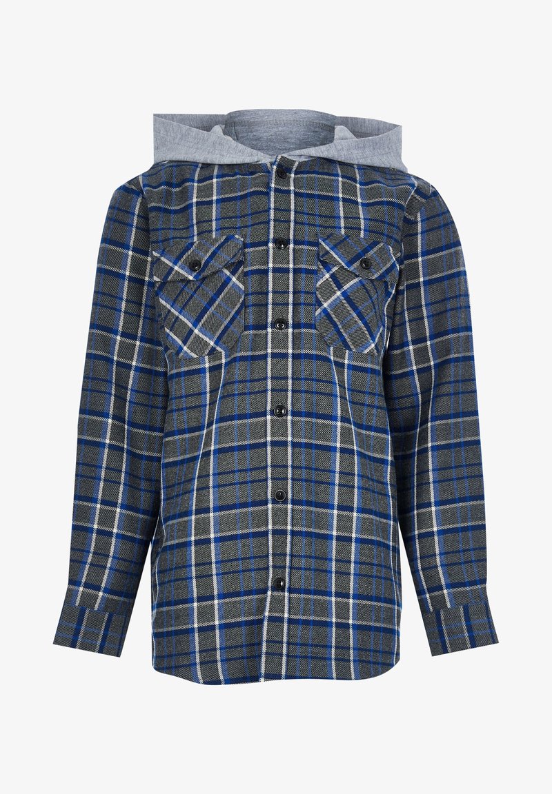 Chemise à manches longues à carreaux bleu et gris avec fermeture à boutons, deux poches poitrine boutonnées et capuche grise attachée.