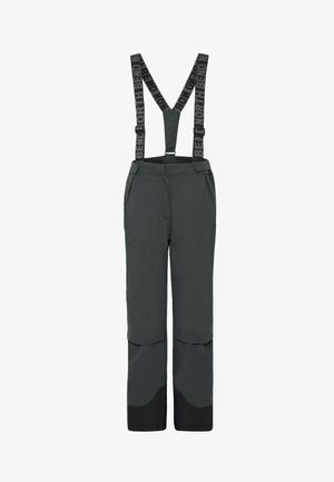 Grå skibukser med justerbare sorte seler med "NORTH BEND" tekst. Indeholder sidelommer og forstærkede nederste benlapper.