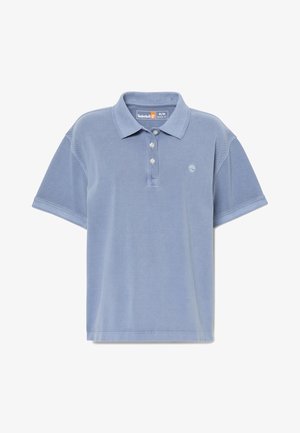 Lichtblauw Timberland polohemd met korte mouwen, kraag, drie knopen en klein boomlogo op de linkerborst.