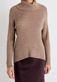 Pull en tricot côtelé marron avec un col haut et des manches longues. L'ourlet est légèrement asymétrique, associé à une jupe violette foncée.
