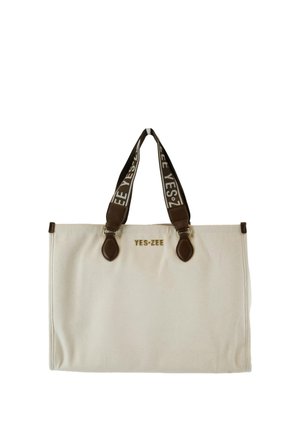 Borsa a mano rettangolare beige con dettagli in pelle marrone e ampie maniglie in tessuto marrone con la scritta "YES-ZEE" in bianco.