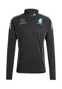 Sort langærmet atletisk trøje med en kvart lynlås, der har hvide og teal accenter, en høj krave og logoer fra Mercedes og Petronas.