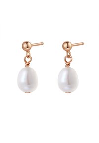 Perlenohrringe mit Tropfenform, die eine glatte weiße Oberfläche aufweisen und an einem roségoldenen Kugelstecker mit einer gewundenen Akzentuierung hängen.