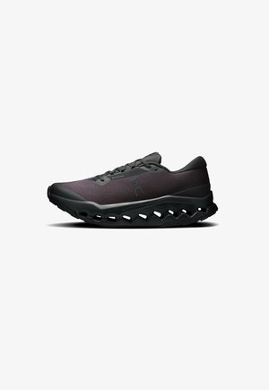 Black and gray waterproof sports shoe with a textured upper, a cushioned midsole featuring cutouts, and a rounded toe design.