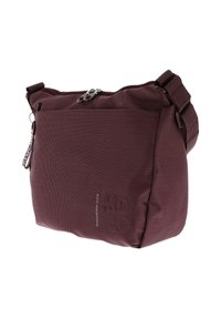 Sacoche à bandoulière compacte couleur bordeaux avec une sangle réglable, fermeture à double zip et texture à pois subtils.