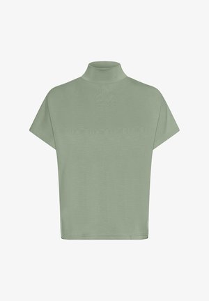 Majica s kratkim rukavima i visokim ovratnikom u svijetlozelenoj boji, izrađena od mekog materijala. Ima opuštenu siluetu i suptilnu teksturu, s ravnim rubom.