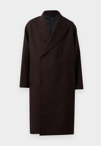Cappotto doppiopetto in lana marrone scuro con ampi rever, maniche lunghe, tasche laterali e chiusura con bottoni neri.