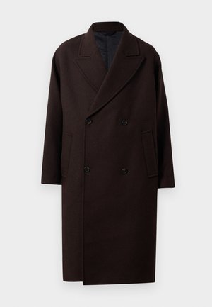 Double-breasted dark brown wool coat with wide lapels, long sleeves, side pockets, and black button closures.