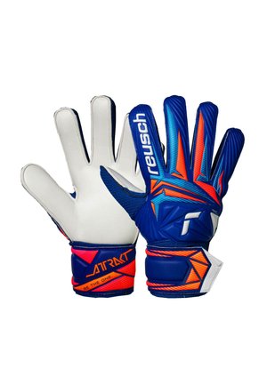 Blauwe, oranje en witte keepershandschoenen met gevoerde handpalmen en polsbanden, met "reusch"- en "atrax"-branding.