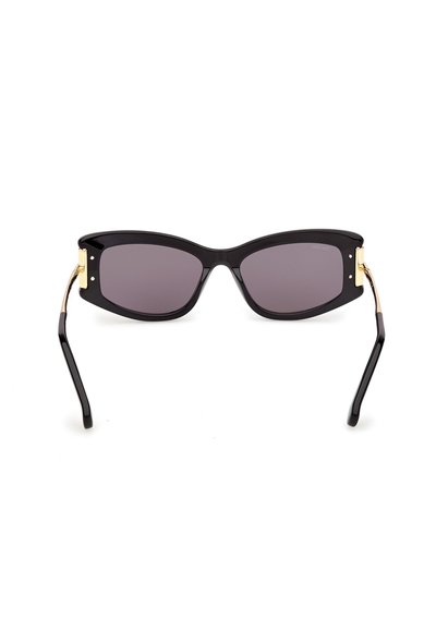 Black rectangular sunglasses with dark lenses and gold accents on the temples, displayed on a white background.