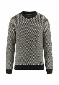 Maglione a maglia nero e bianco con motivo a triangoli testurizzati, scollo rotondo, polsini e orlo a costine, con un piccolo dettaglio logo sulla parte anteriore.