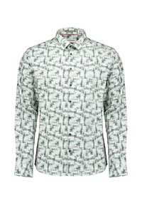 Langsleeve button-up shirt gemaakt van lichte stof met een groen en wit geometrisch patroon. Knopsluiting en klassiek kraagontwerp.