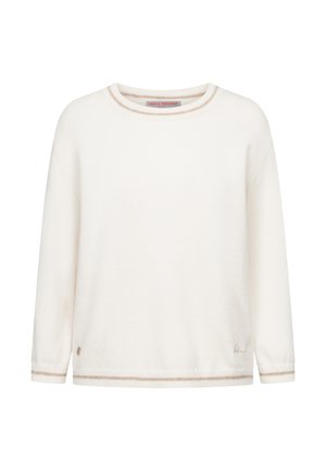 Witte gebreide trui met lange mouwen, voorzien van beige afwerking op de kraag, manchetten en zoom, met een klein geborduurd logo nabij de onderste zoom.