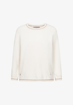 Witte gebreide trui met lange mouwen, voorzien van beige afwerking op de kraag, manchetten en zoom, met een klein geborduurd logo nabij de onderste zoom.