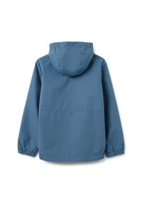 Blaues Kapuzenjacke mit elastischen Bündchen und lockerer Passform. Glattes, leichtes Material; minimalistisches Design ohne sichtbare Hardware oder Muster.