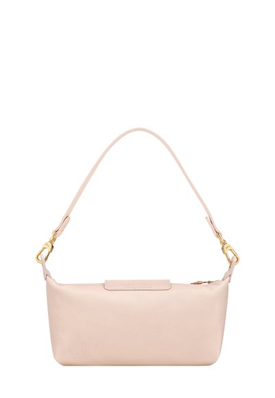 Light pink rectangular leather handbag with a single strap and gold-tone clasps on a white background.