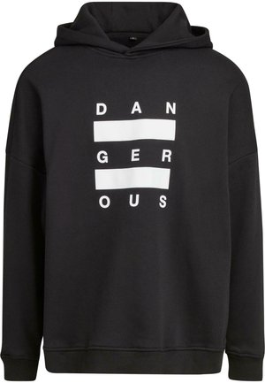Black hoodie made of cotton blend, featuring a white text graphic reading "DANGEROUS" with horizontal bars, and a spacious hood.