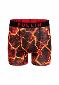 Shorts de boxeur avec un motif de lave ardente en rouge et noir, dotés d'une taille noire marquée "PULLIN" en lettres rouges.