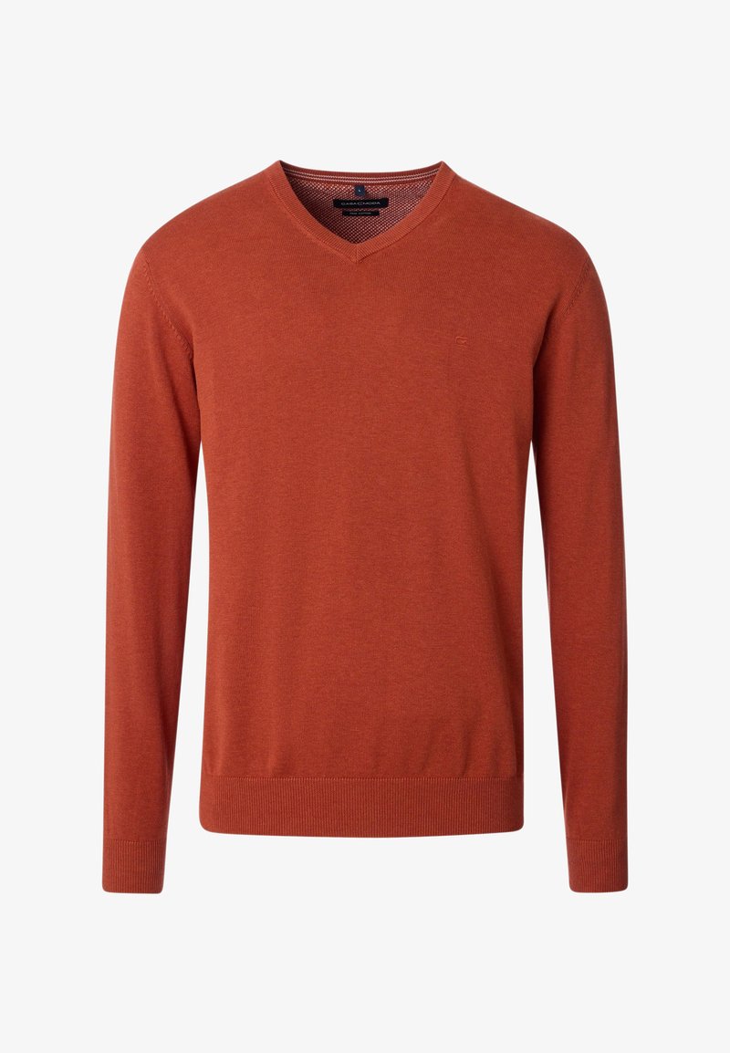 Herren Langarm V-Ausschnitt Pullover in rostorange mit gerippten Bündchen und Saum, hergestellt aus feinem Strickstoff.