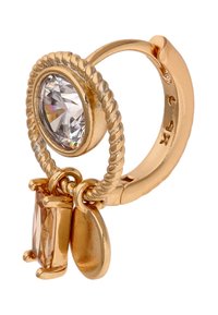 Náušnice ve zlatém tónu s kruhovým tvarem, zdobené designem zkrouceného lana, velkým průhledným oválným kamenem a dvěma visícími ozdobami: obdélníkovým a oválným kamenem.