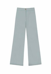 Pantalons à jambes larges dans une teinte bleu clair, dotés d'une texture lisse et d'une fermeture à bouton unique à la taille. Pas de matériel supplémentaire visible.