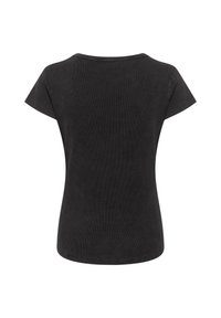 Svart kortärmad t-shirt med rund halsringning, ribbad yta och en åtsittande design. Baksidan har en ren finish utan dekorationer.