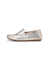 Metallisch silberne Slipper mit genähtem Design, flacher Gummisohle und ohne Schnürsenkel. Glatte Textur mit runder Zehenpartie und weichem Innenfutter.