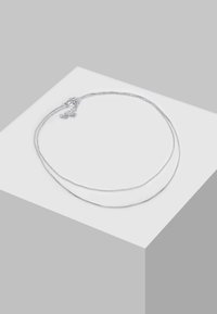 Collana in argento a doppio strato con una finitura liscia e fine, caratterizzata da maglie di diverse dimensioni e una chiusura clasp.