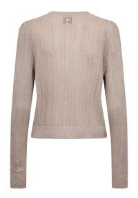 Pull beige en maille à manches longues avec motif côtelé, petit détail bouton dans le haut du dos et ourlet cintré à la taille.