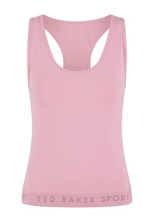 Débardeur de sport rose sans manches avec style dos nageur et marquage "Ted Baker Sport" sur l'ourlet inférieur.