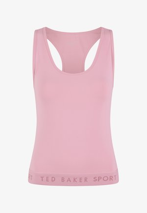 Débardeur de sport rose sans manches avec style dos nageur et marquage "Ted Baker Sport" sur l'ourlet inférieur.