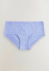 Lila katoenen boyshorts met witte stippen, een comfortabele elastische tailleband en een zachte textuur. Geschikt voor dagelijks gebruik.
