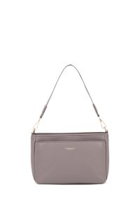 Borsa a spalla in pelle grigia morbida con dettagli dorati, texture liscia, forma rettangolare e una sola tracolla regolabile.