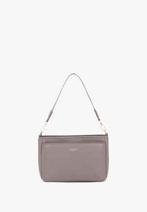 Borsa a spalla in pelle grigia morbida con dettagli dorati, texture liscia, forma rettangolare e una sola tracolla regolabile.