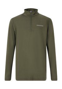 Olivgrön långärmad tröja i mjukt material, med en kvartdragkedja vid kragen och en liten vit "ENDURANCE"-logotyp på bröstet.