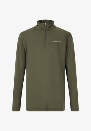 Olivgrön långärmad tröja i mjukt material, med en kvartdragkedja vid kragen och en liten vit "ENDURANCE"-logotyp på bröstet.