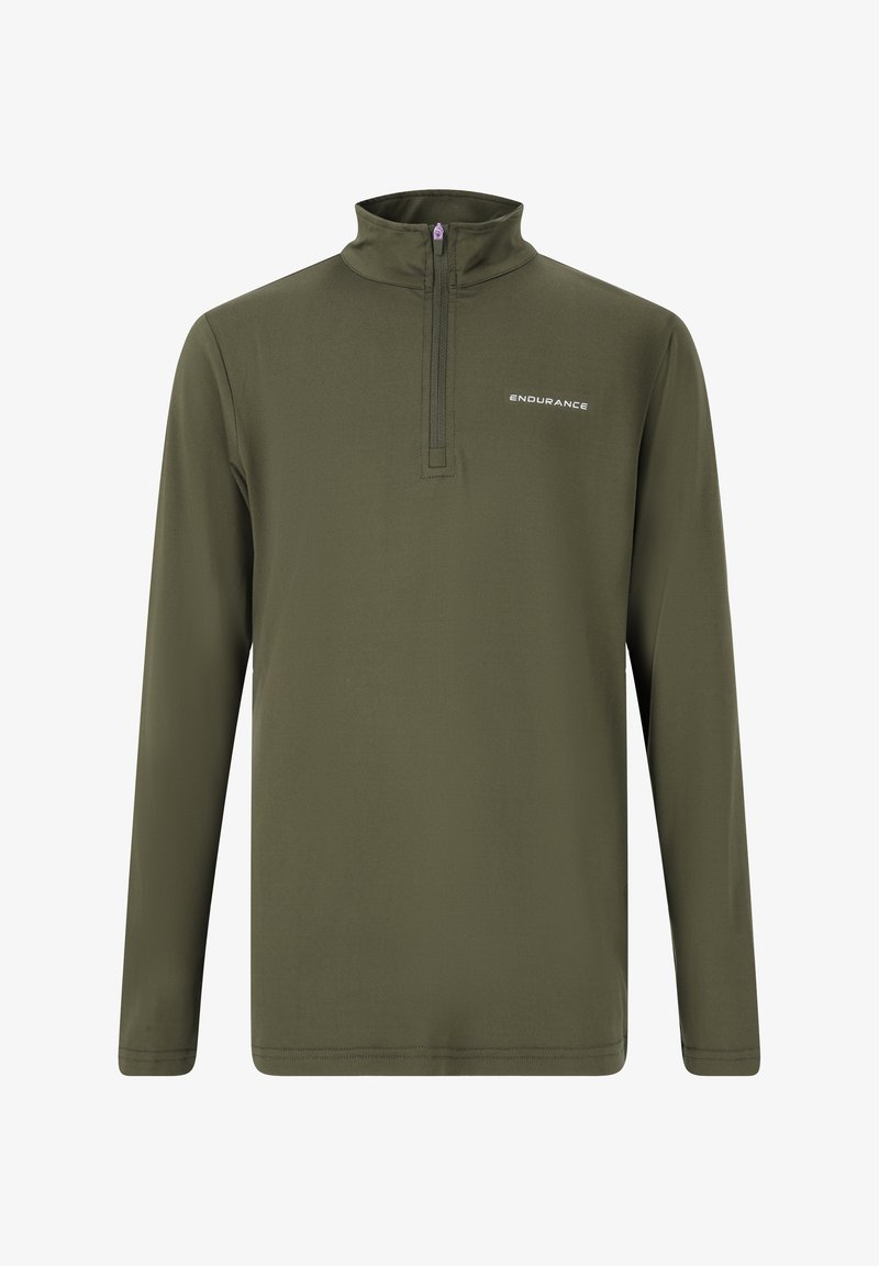 Olivengrüner Pullover mit langen Ärmeln aus weichem Material, ausgestattet mit einem Viertel-Reißverschluss-Kragen und kleinem weißen "ENDURANCE"-Logo auf der Brust.