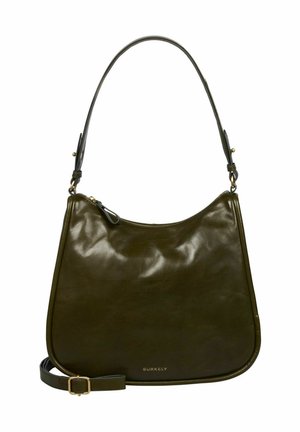 Borsa a spalla in pelle verde scuro con texture liscia, forma curva, tracolla regolabile e dettagli in metallo dorato.