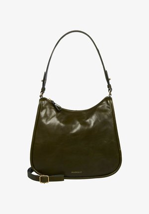 Borsa a spalla in pelle verde scuro con texture liscia, forma curva, tracolla regolabile e dettagli in metallo dorato.