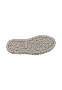 Lichtgrijze rubberen zool met ster- en cirkelpatronen, gestructureerd oppervlak en geribbelde randen voor verbeterde grip.